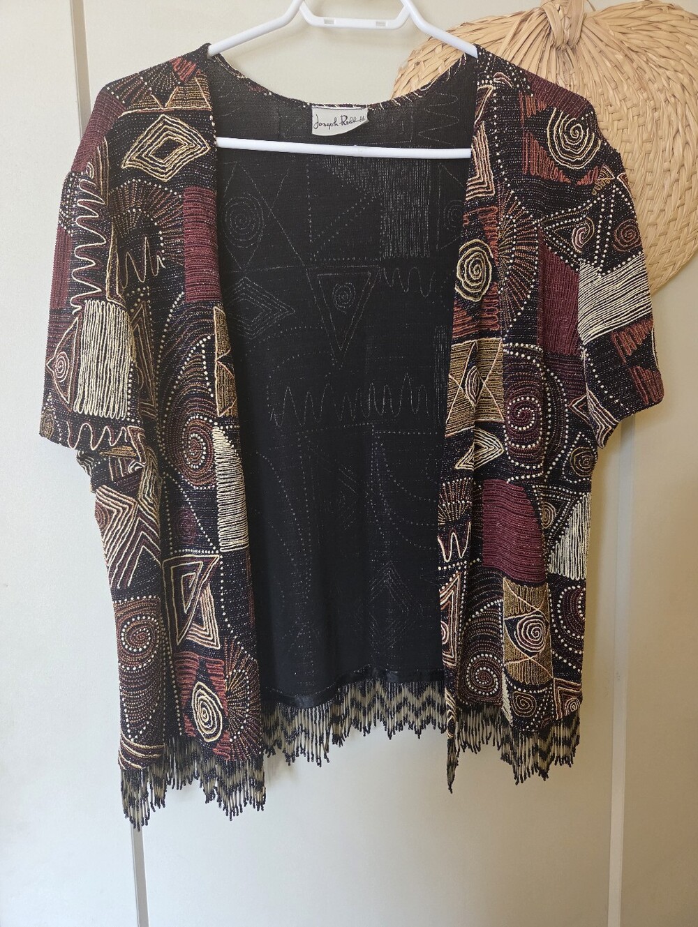 Joseph Ribkoff Black Burgundy and Gold Patterned Short Sleeve Open Shrug
